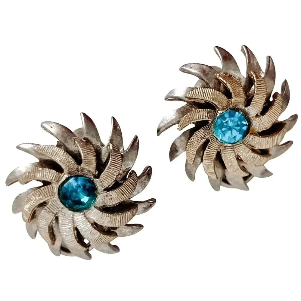 Signed Kramer Vintage Mid Century Atomic Aqua Blue Rhinestone Clip Earrings